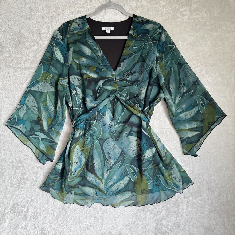 Y2K Fairycore Whimsy Bell Sleeve Top Womens 18/20 XXL Green Leaf Flowy Nature